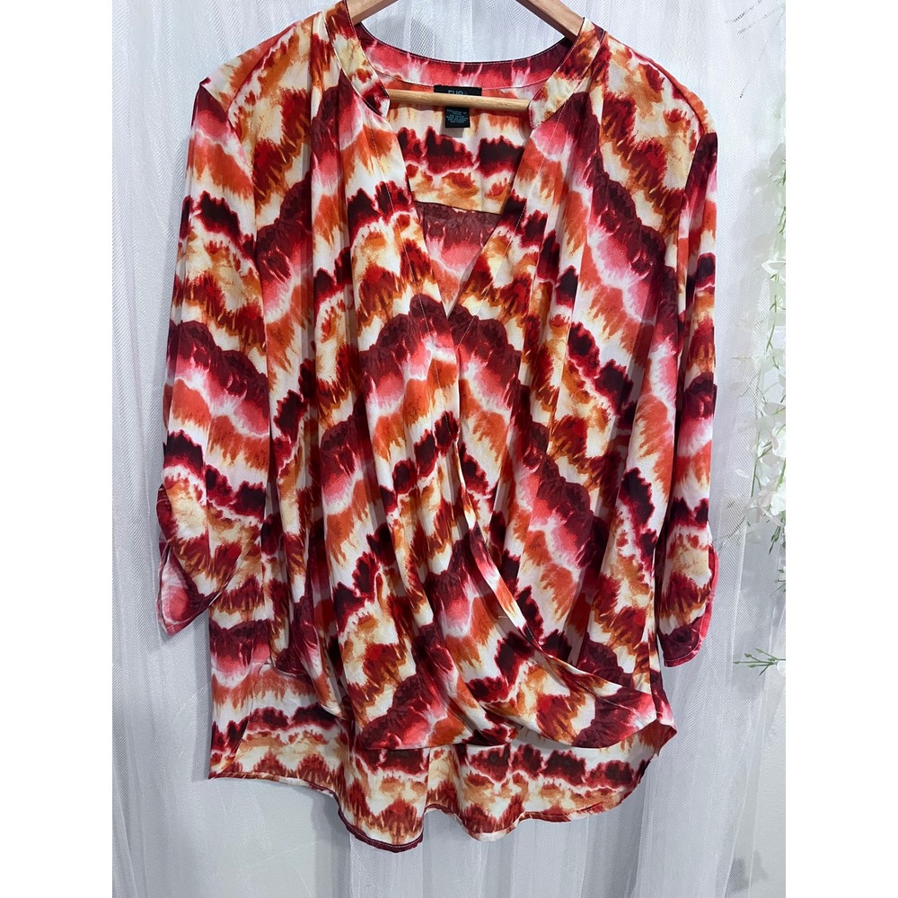 Rue+ Womens 2X Blouse Red Orange Tie Dye Chevron Faux Wrap Roll Tab Sleeve Top